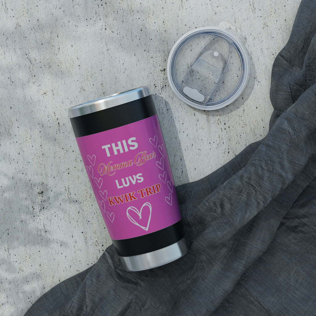 Kwik Trip Lover Tumbler — "This Momma Bear Luvs Kwik Trip" 20oz Insulated Travel Cup - Black/Pink