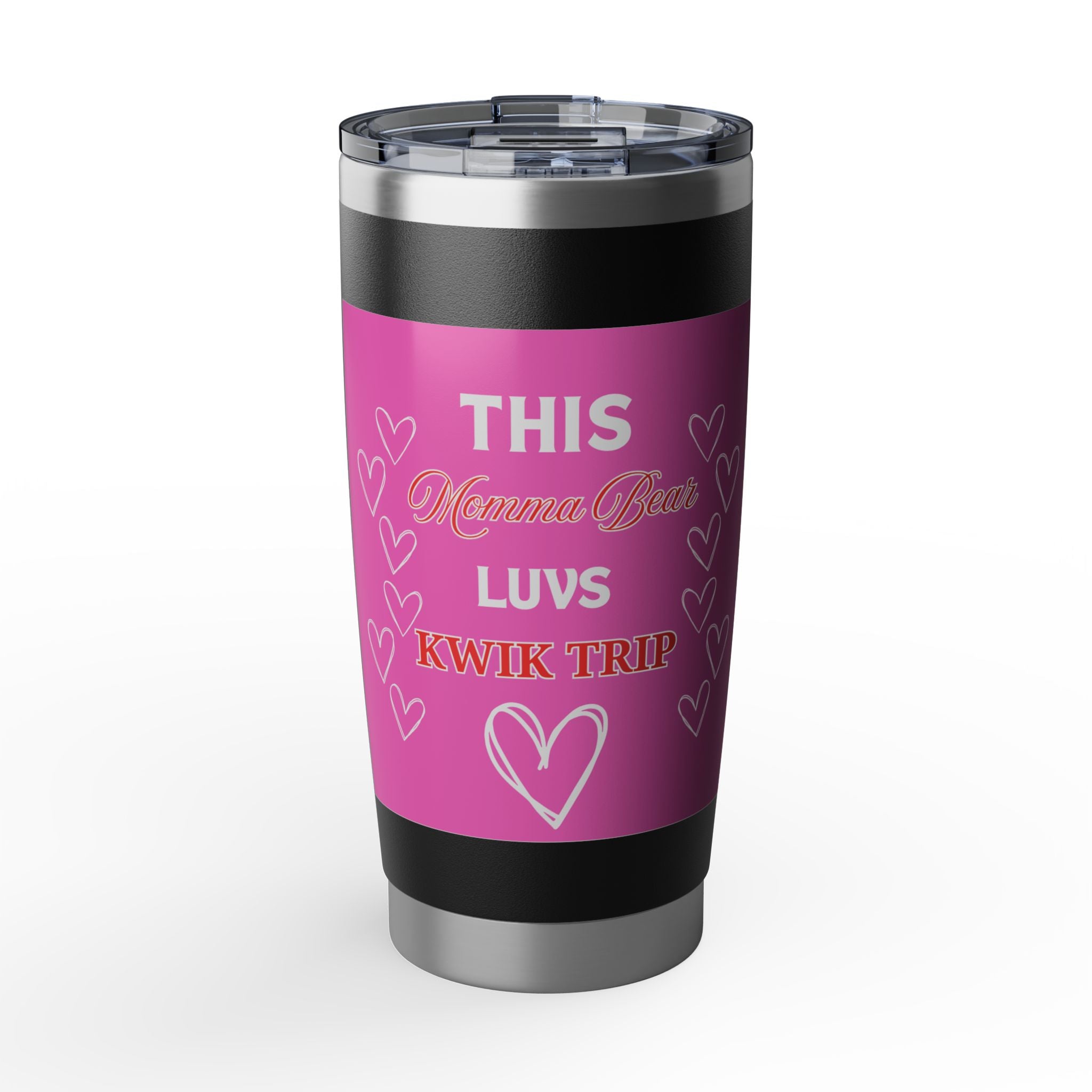 Kwik Trip Lover Tumbler — "This Momma Bear Luvs Kwik Trip" 20oz Insulated Travel Cup - Black/Pink