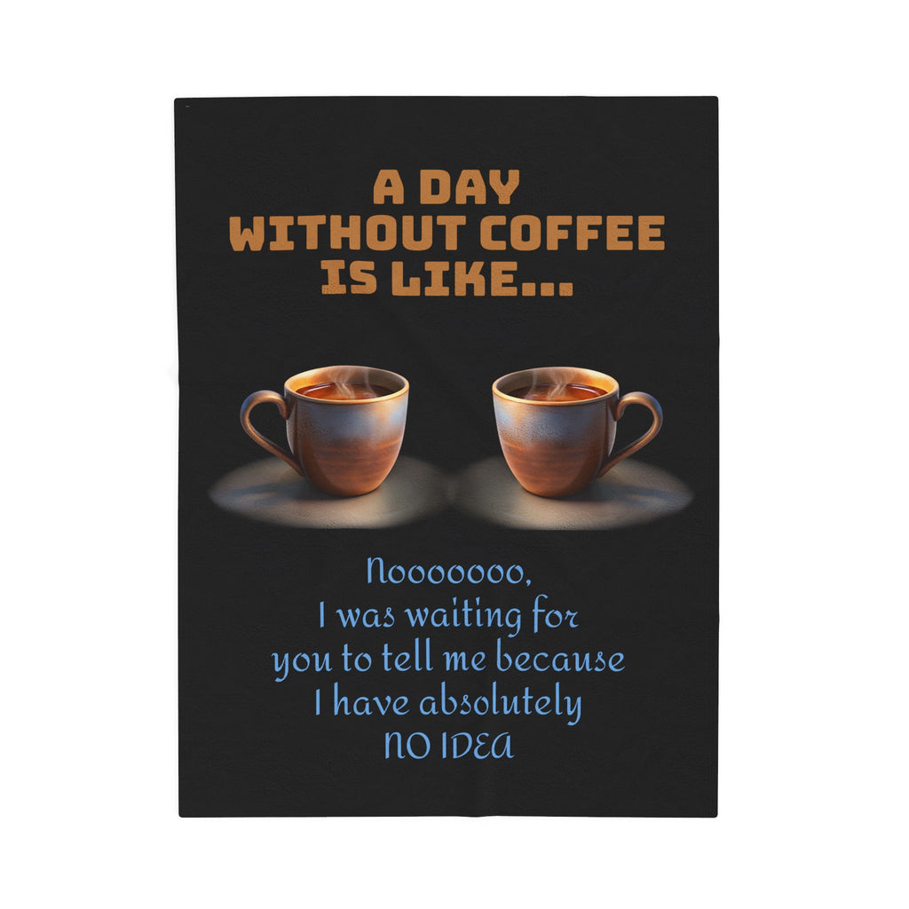 Two coffee mugs with a humorous text about a day without coffee on a black background.