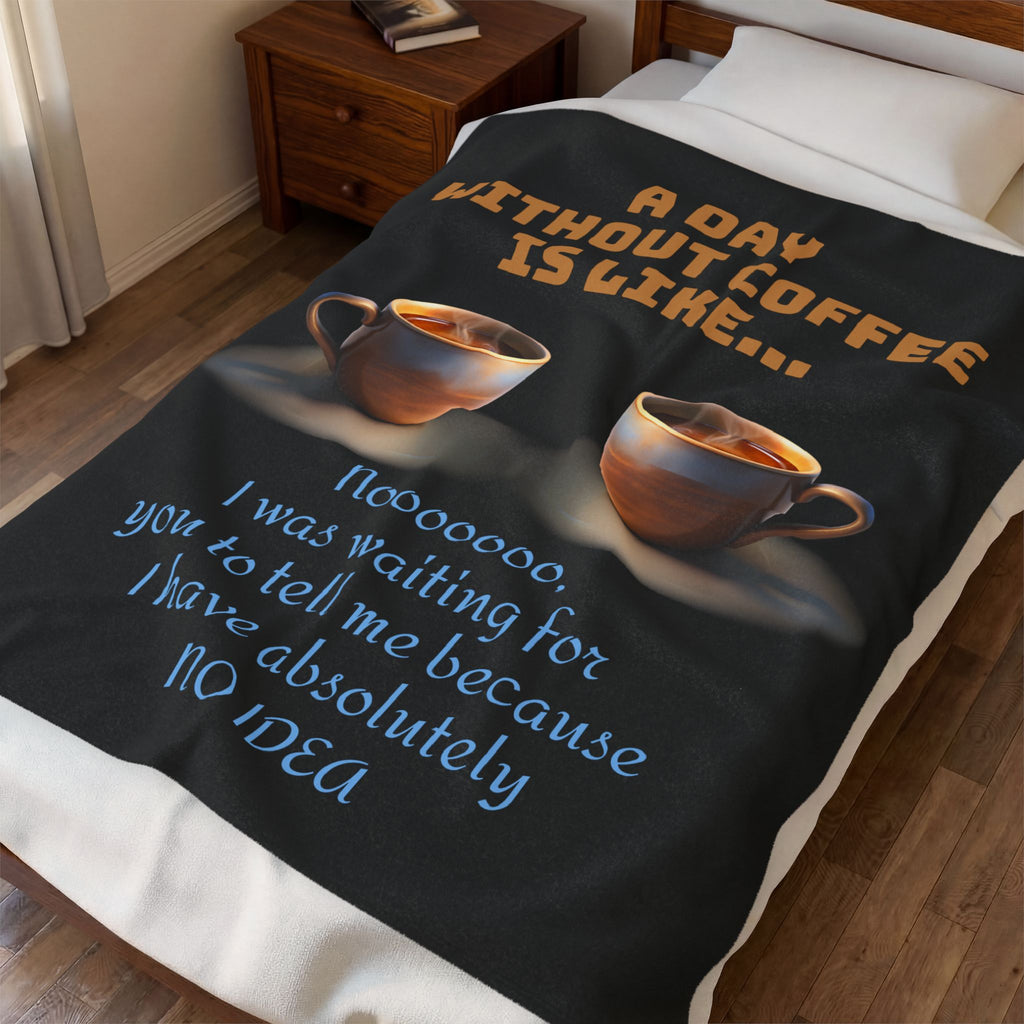 Blanket with coffee cups and humorous text on a bed in a bedroom.