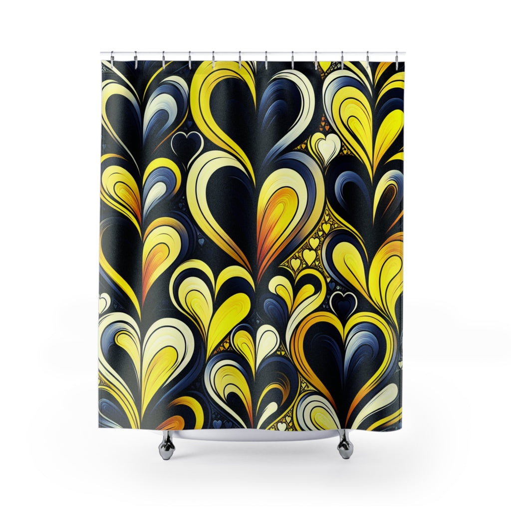 Shower curtain with a vibrant, multicolored heart pattern on a black background