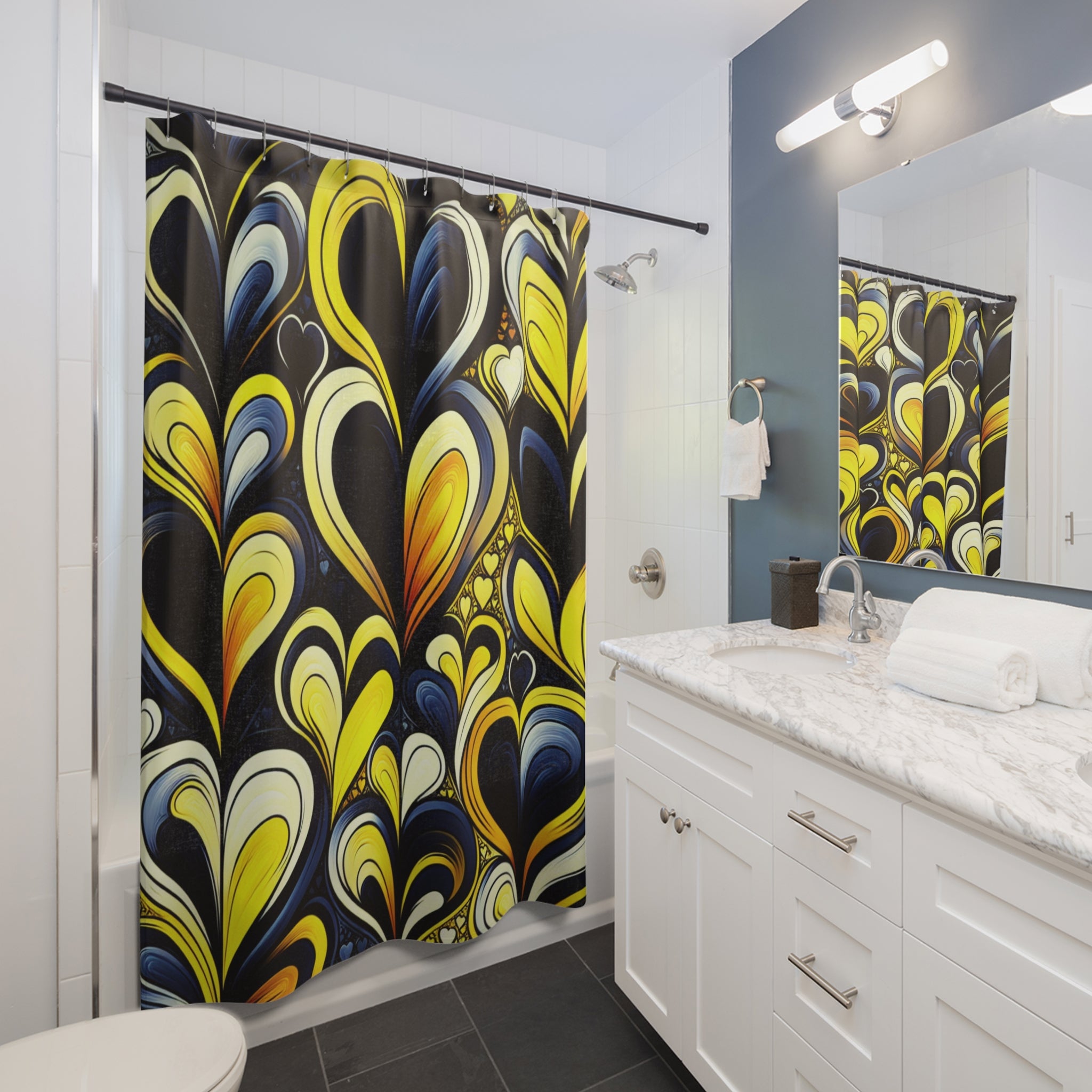 Shower Curtains - Black and Yellow Hearts, Fun and Vibrant Design