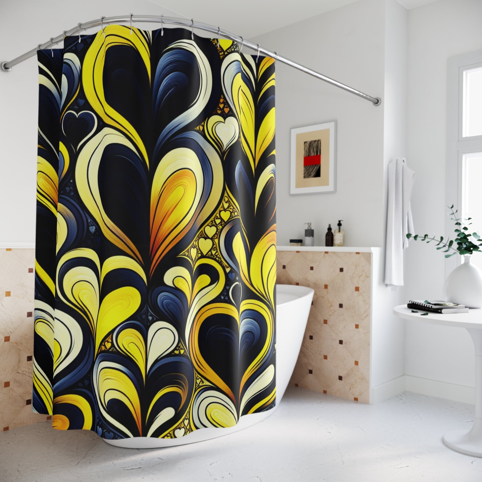 Shower Curtains - Black and Yellow Hearts, Fun and Vibrant Design
