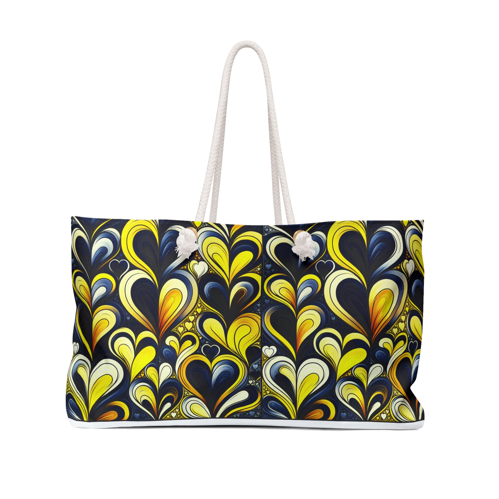 Colorful patterned tote bag with a white handle on a white background