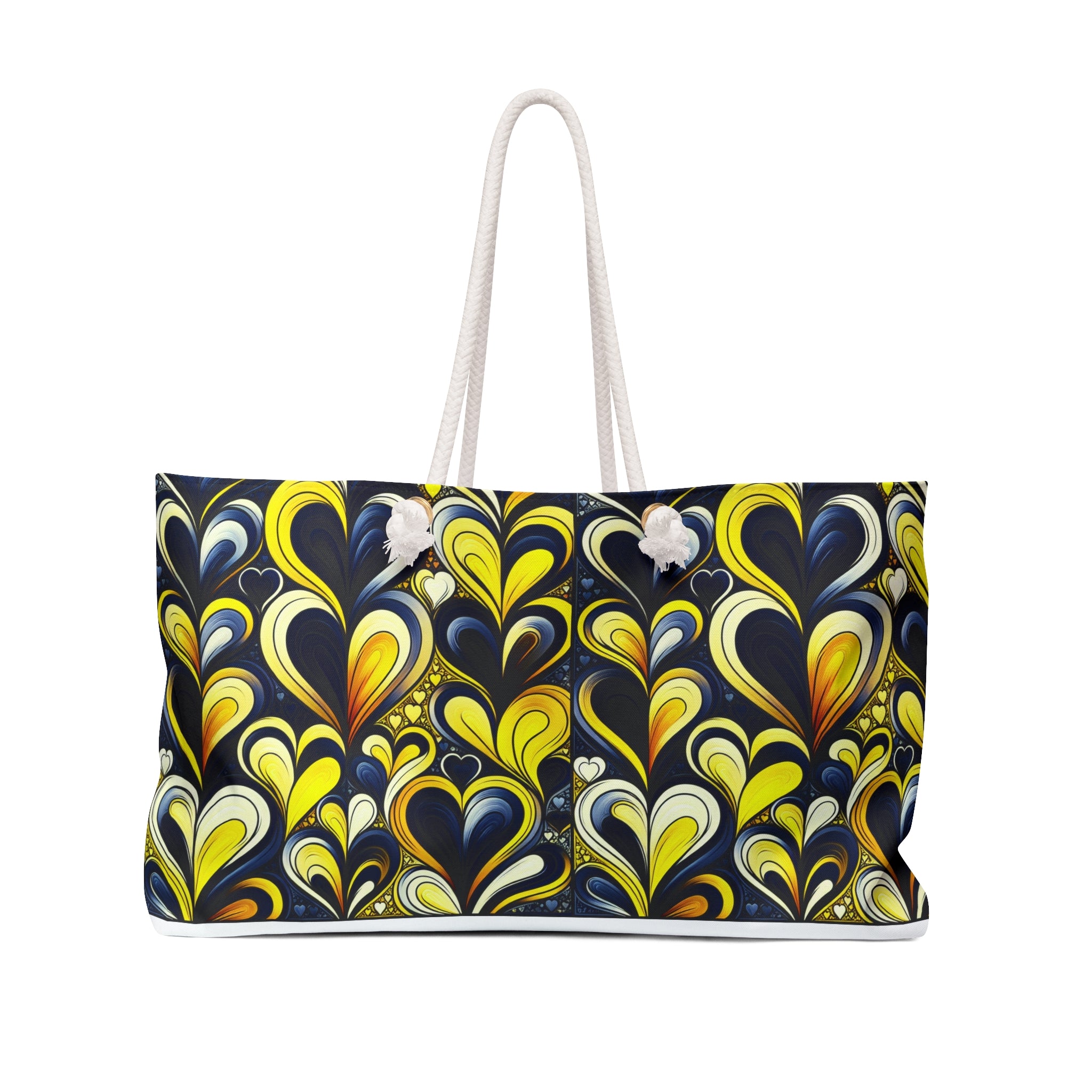 Colorful patterned tote bag with a white handle on a white background