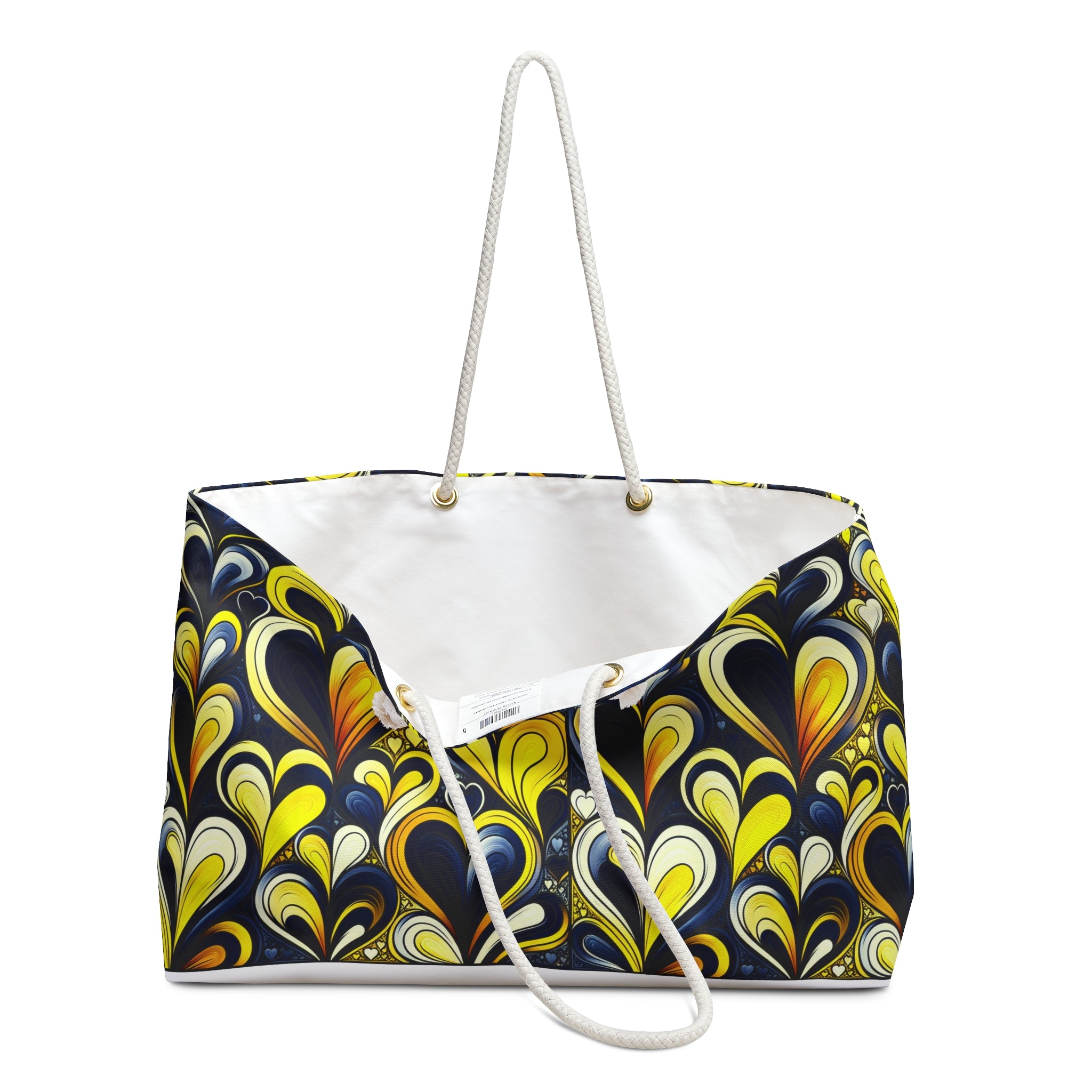 Colorful patterned bag with white handle on a white background
