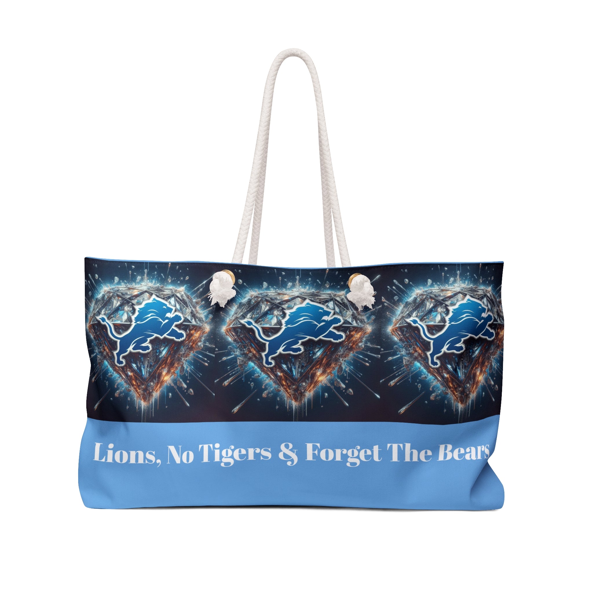 Tote bag with Detroit Lions logo and text on a white background