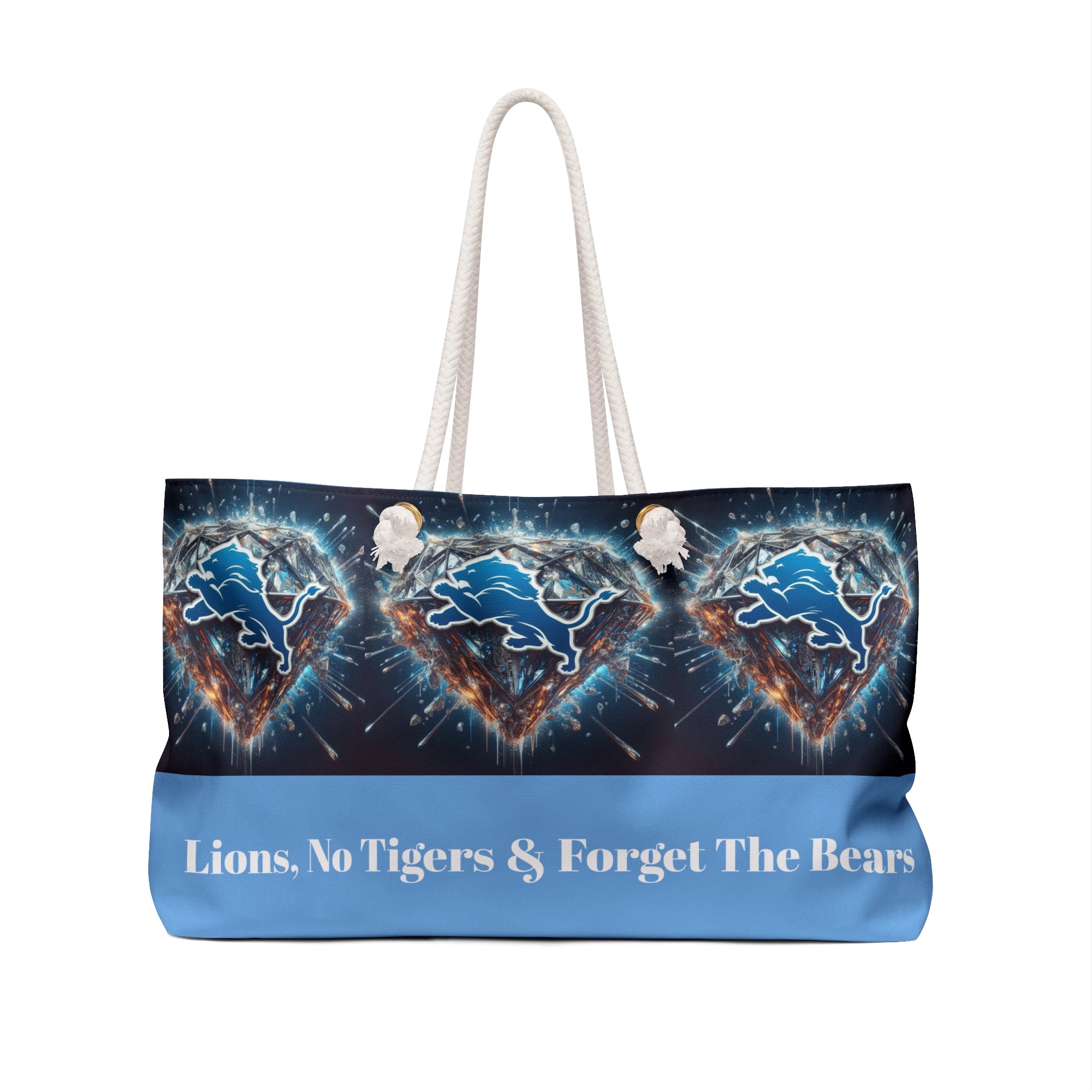 Tote bag with Detroit Lions logo and text on a white background