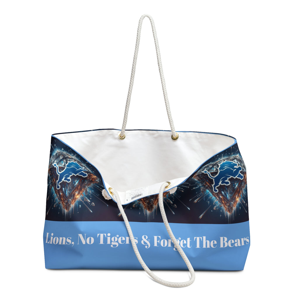 Tote bag with sports team logos and humorous text on a white background