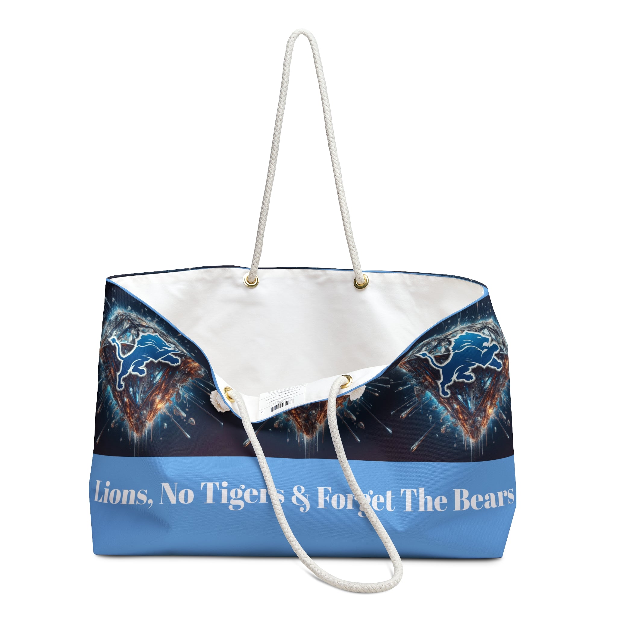Tote bag with sports team logos and humorous text on a white background