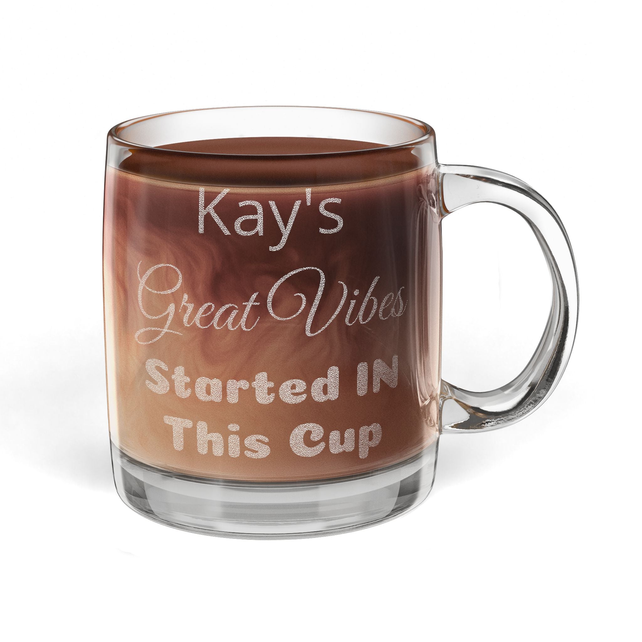 Clear glass mug with name that may be personalized for any coffee lover.  Printed name goes on both sides of mug. 