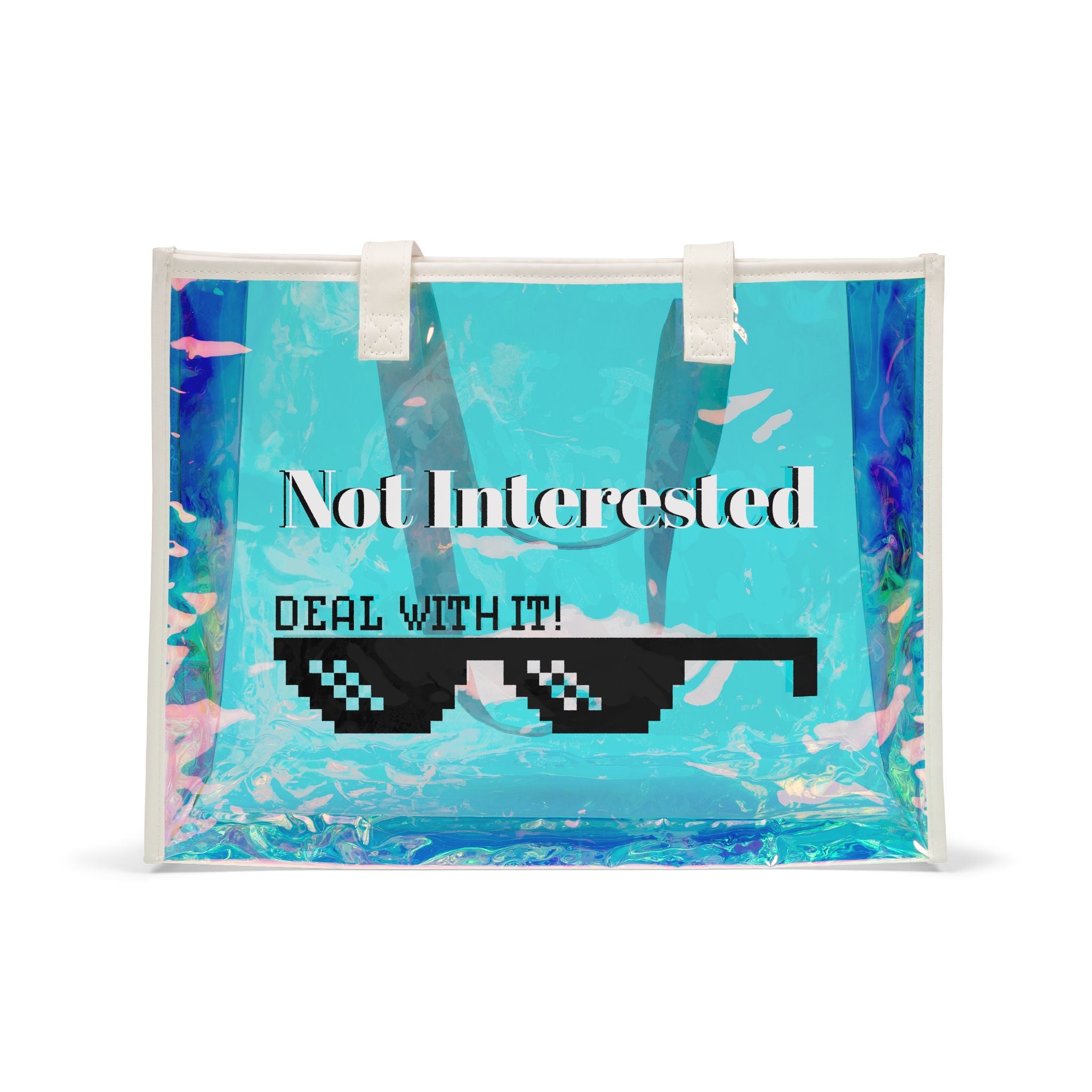 Tote bag with sunglasses graphic and sassy text 'Not Interested Deal With It!' on a shimmering holographic background. Great gag gift or teachers, students, co-workers or to kick off the start of summer or your vacation time. 