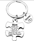 Keychain with puzzle piece and 'Mom' tag, featuring a sentimental message.
