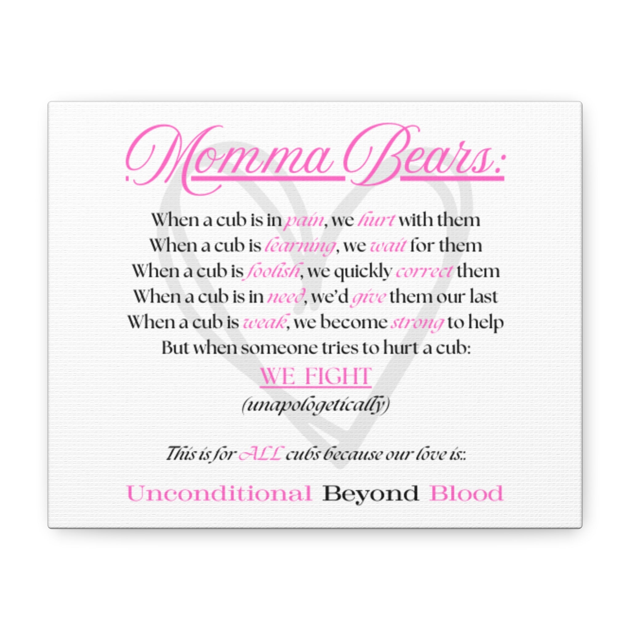 Textual message about 'Momma Bears' with pink and black text on a white background