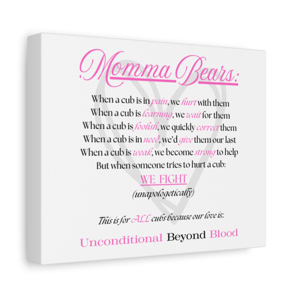 Canvas print with text about 'Momma Bears' on a white background