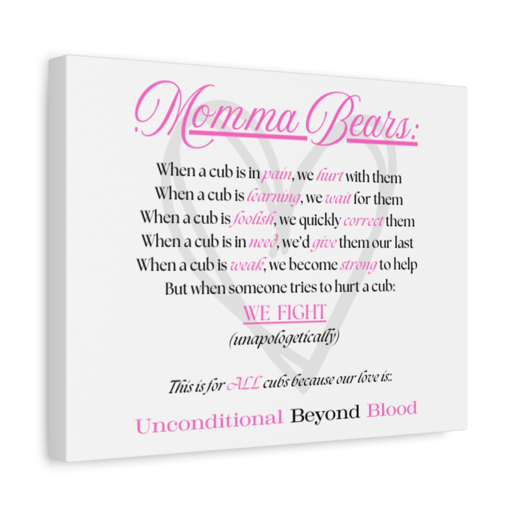 Canvas print with motivational quote about 'Momma Bears' on a white background