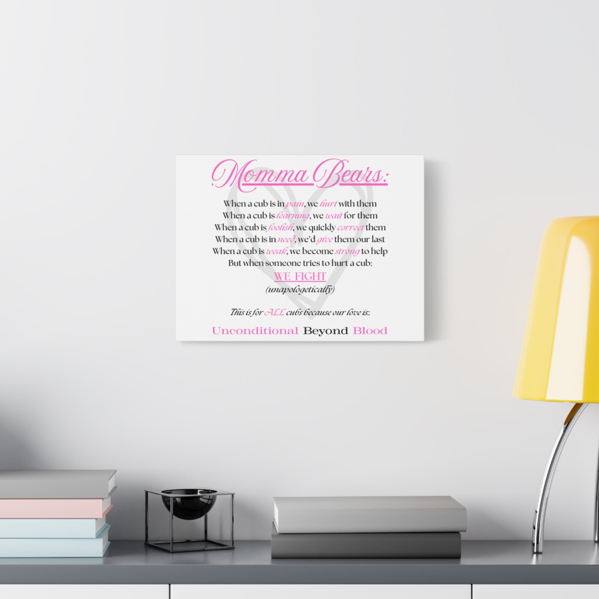 Canvas print titled 'Introvert Survival Gear' on a wall above a desk with books and a lamp.