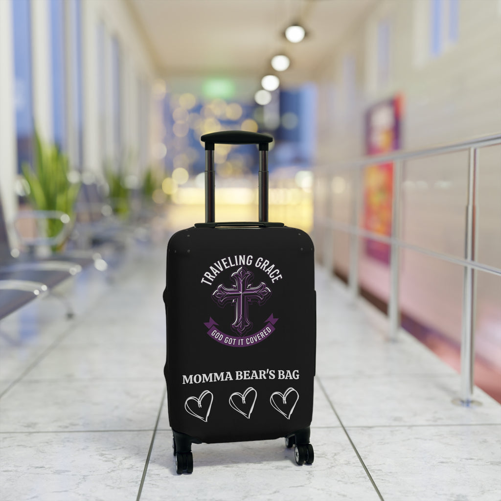 Stylish black and purple faith based "Traveling Grace" luggage cover.  Customizable - add any name to the cover. 