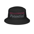 Black bucket hat with 'Millionaire Potential' text on a white background