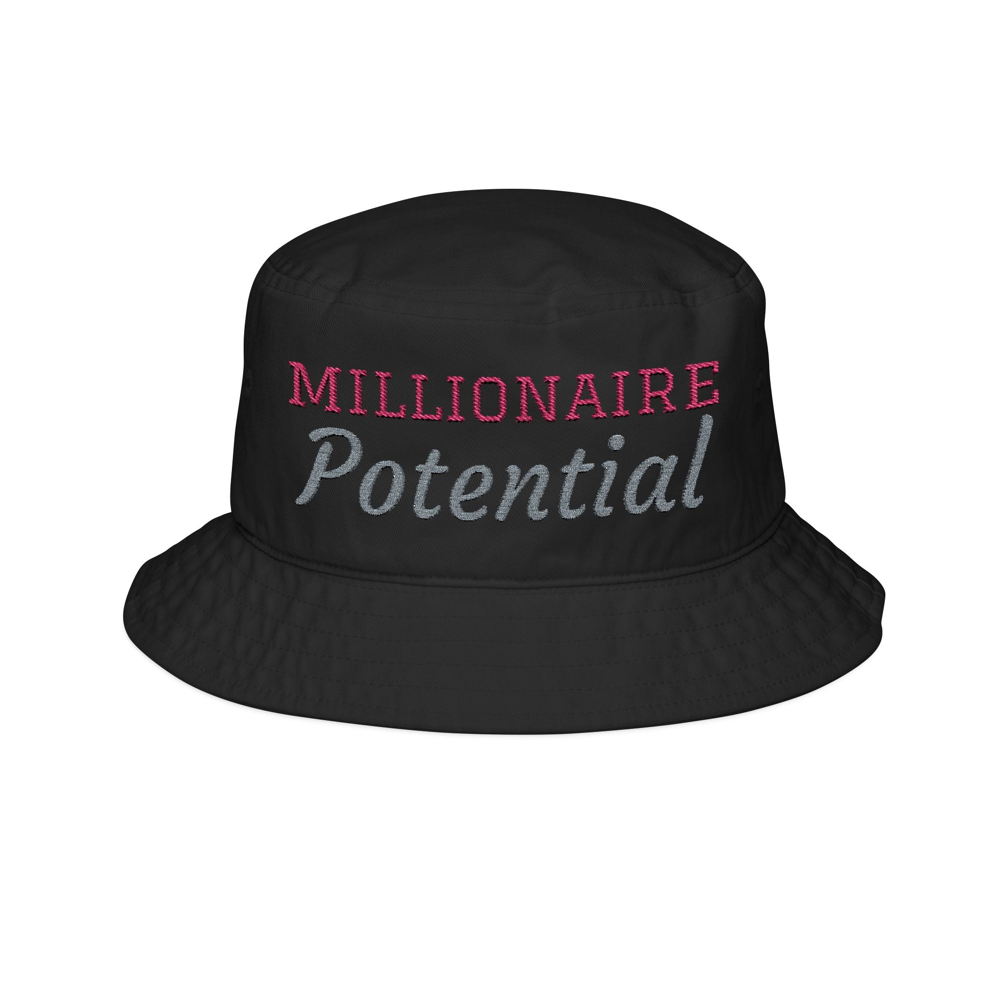Black bucket hat with 'Millionaire Potential' text on a white background