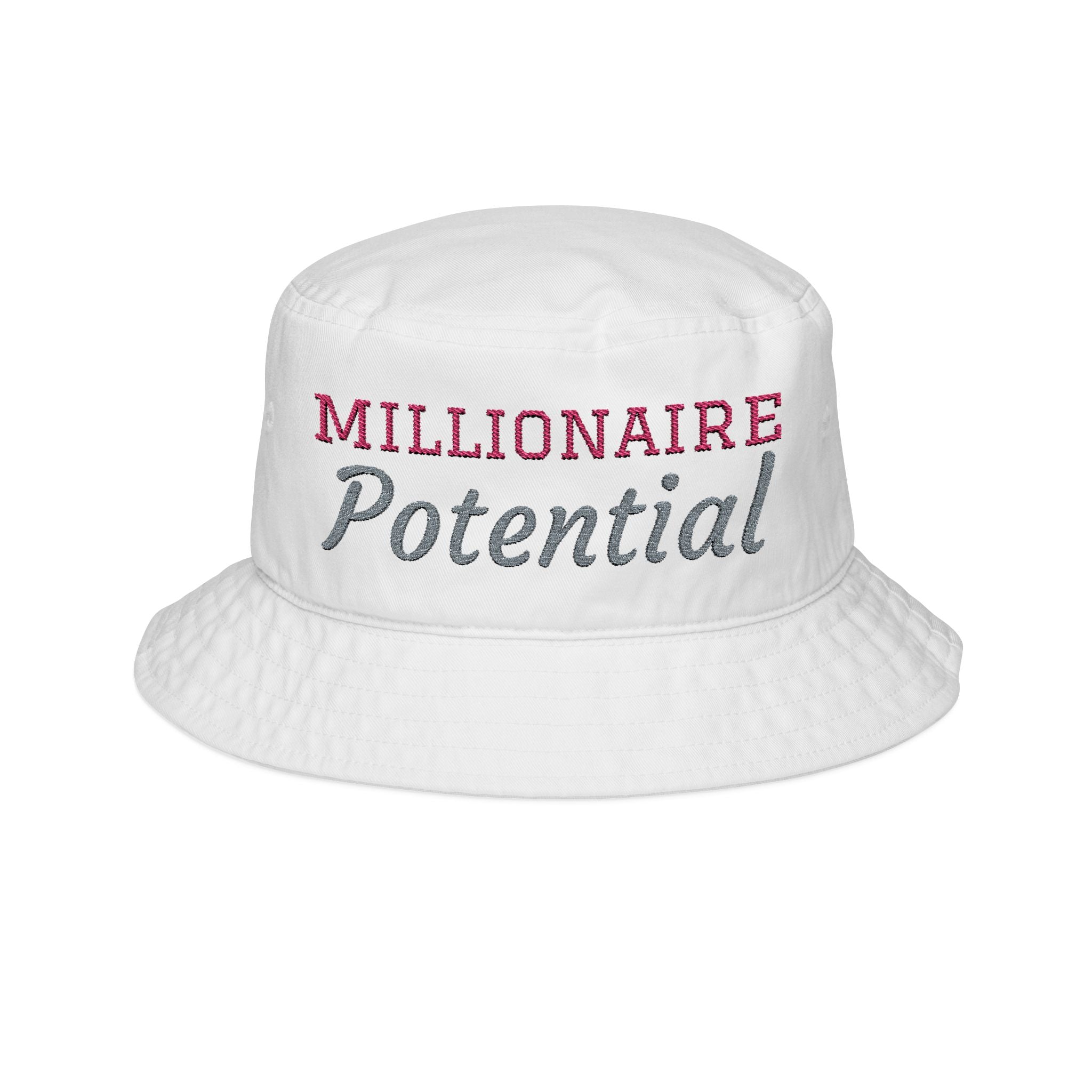 White bucket hat with 'Millionaire Potential' text on a white background
