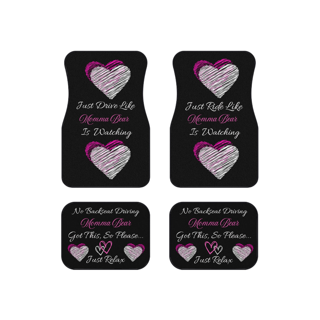 Set of four car mats with heart designs and words of advice while riding or driving in a Momma Bear’s car. 