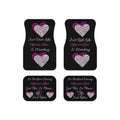 Set of four car mats with heart designs and words of advice while riding or driving in a Momma Bear’s car. 