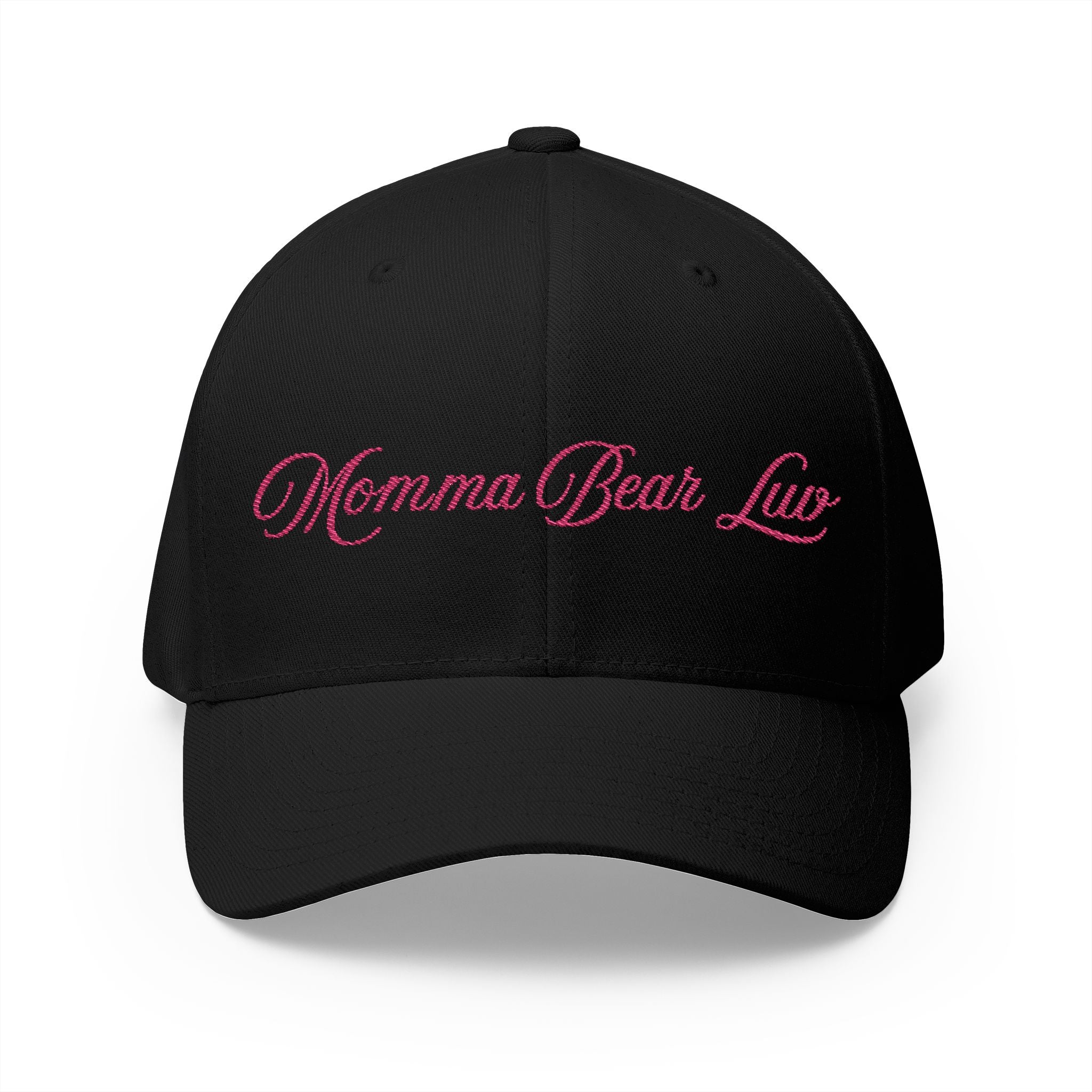 Black cap with pink 'Momma Bear Love' text on a white background