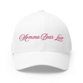 White cap with 'Momma Bear Luv' text in pink on a white background