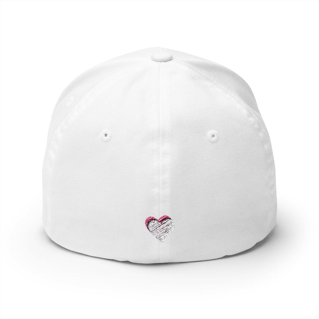 White cap with a heart-shaped logo on a white background