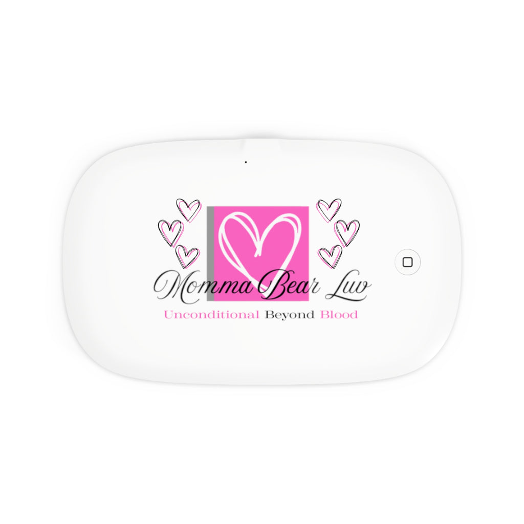 White phone sanitizing case with 'Momma Bear Luv' logo on the cover.