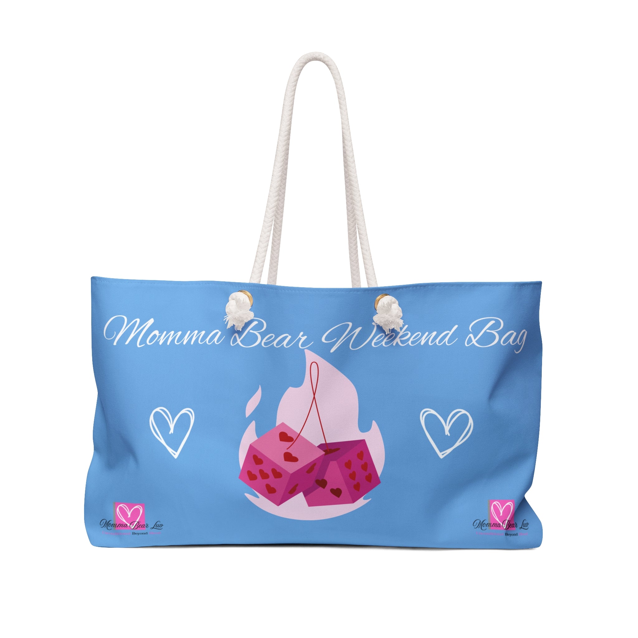 Blue tote bag with 'Momma Bear Weekend Bag' text and graphics on a white background