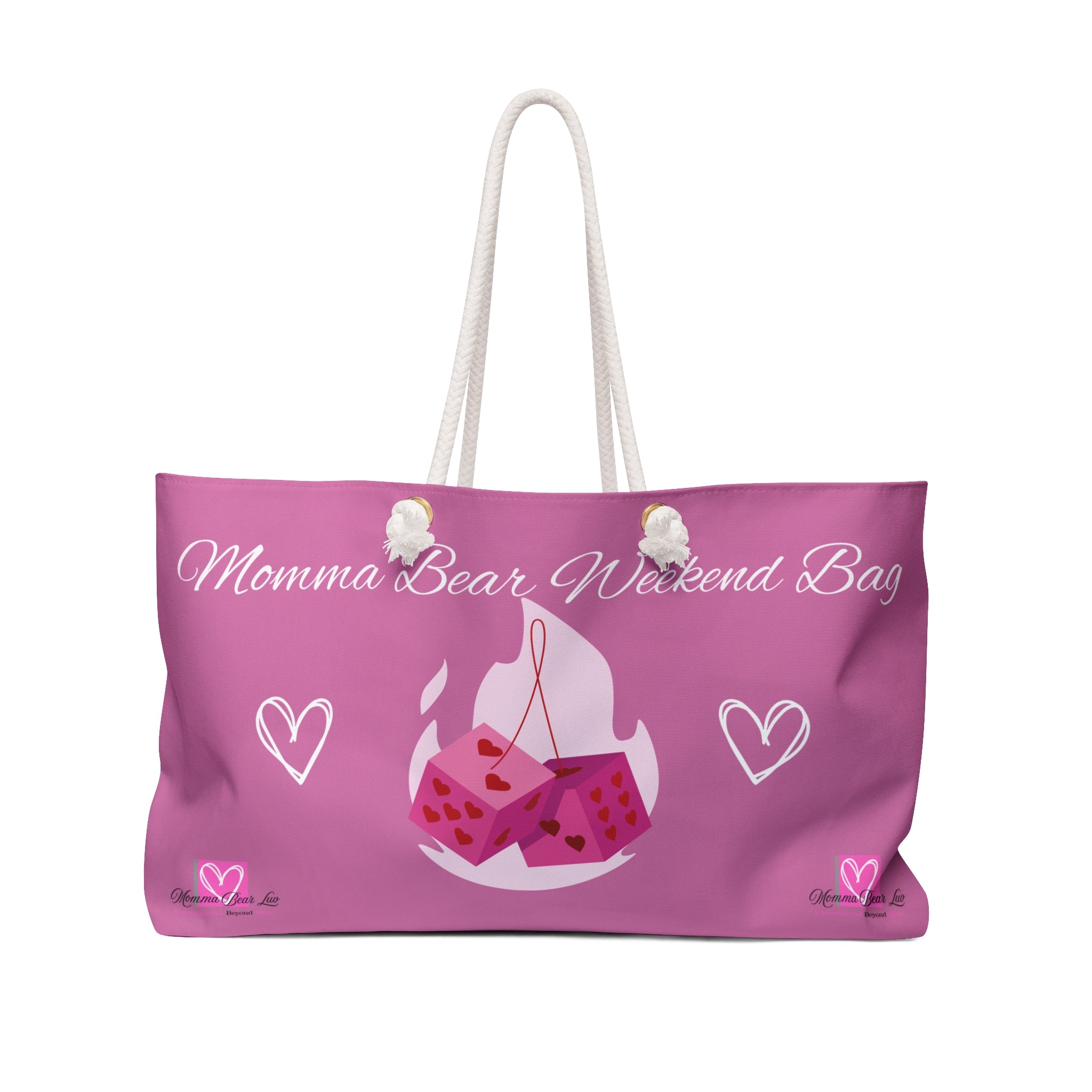 Pink tote bag with 'Momma Bear Weekend Bag' text and graphics on a white background