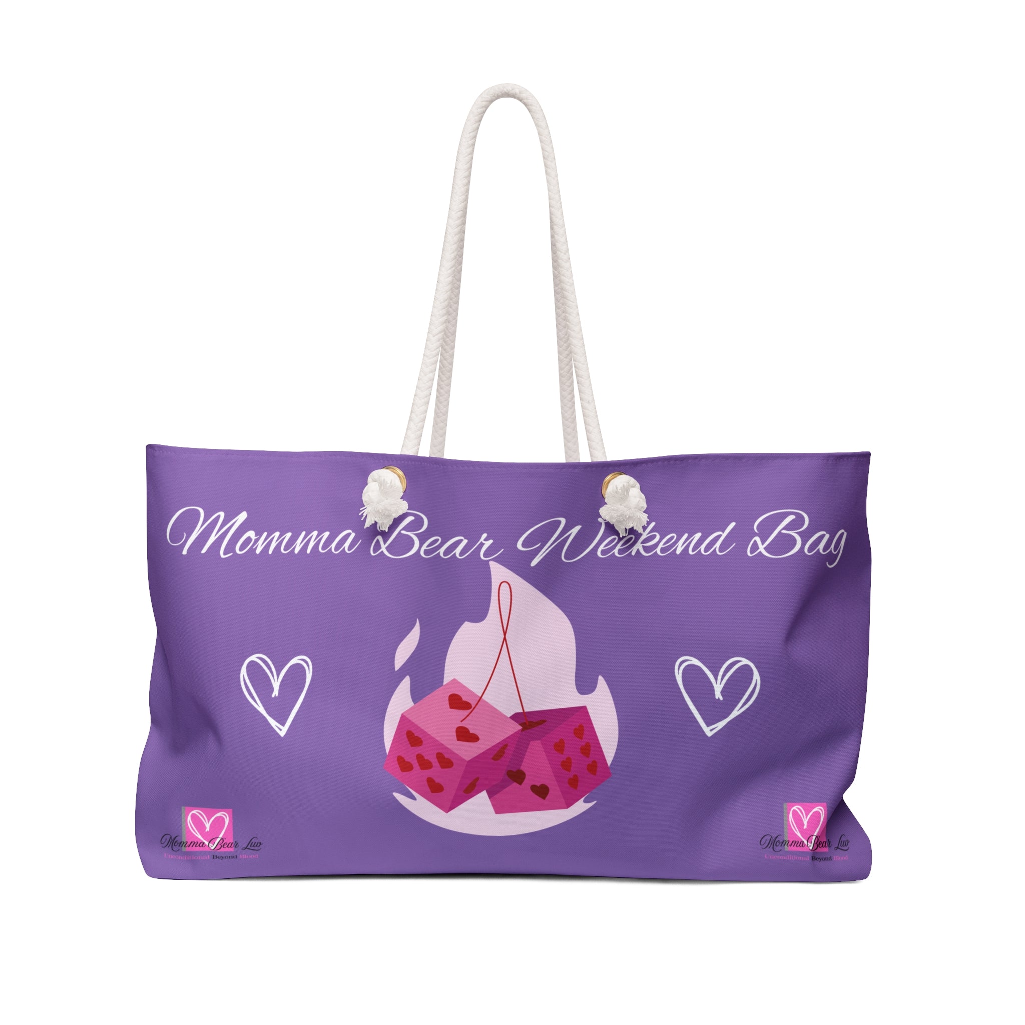 Purple tote bag with 'Momma Bear Weekend Bag' text and bear illustration on a white background