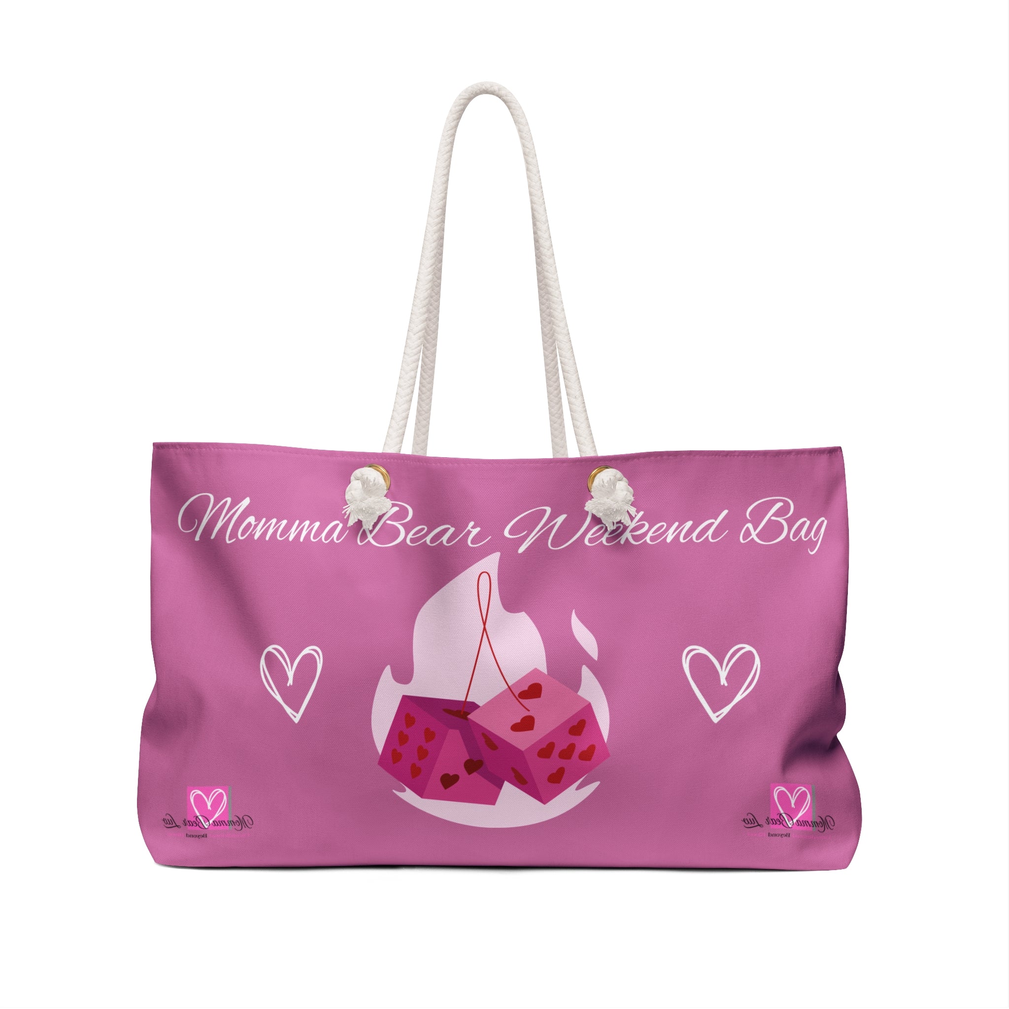 Pink tote bag with 'Momma Bear Weekend Bag' text and graphics on a white background