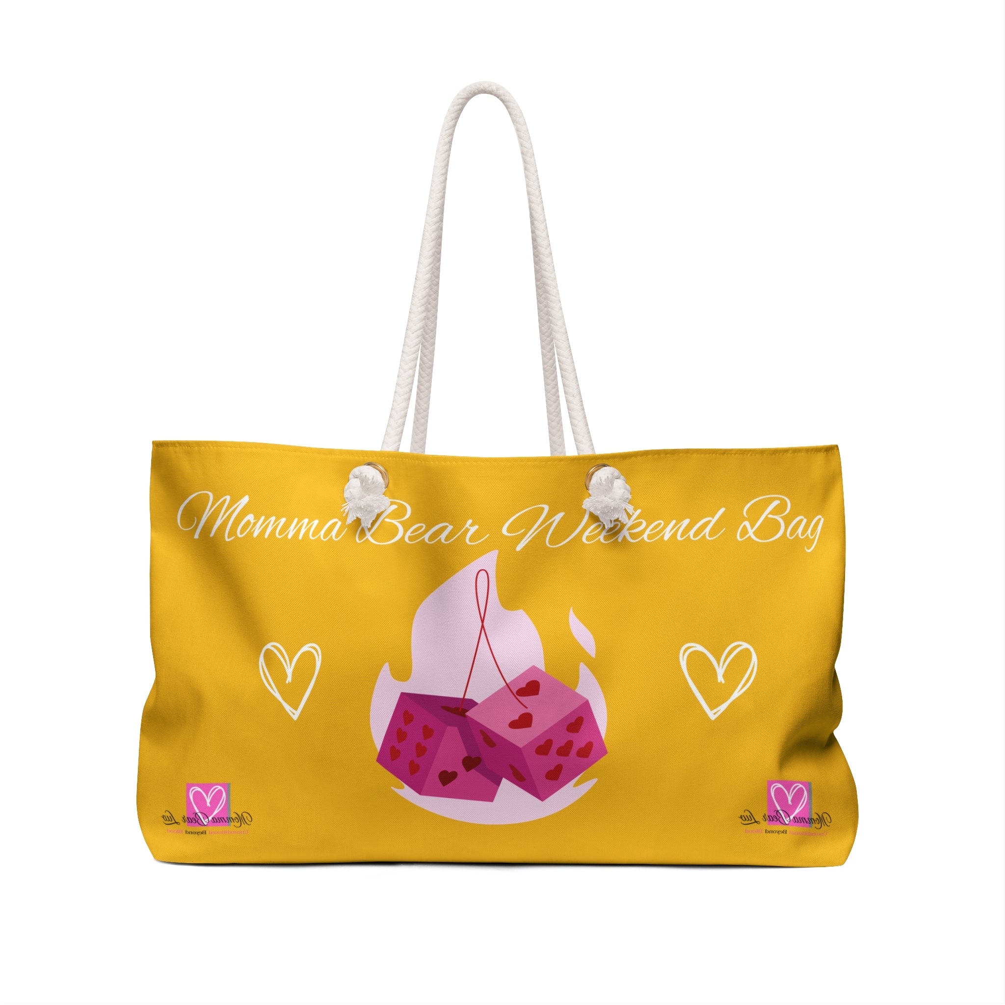 Yellow tote bag with 'Momma Bear Weekend Bag' text and pink bear cub design on a white background