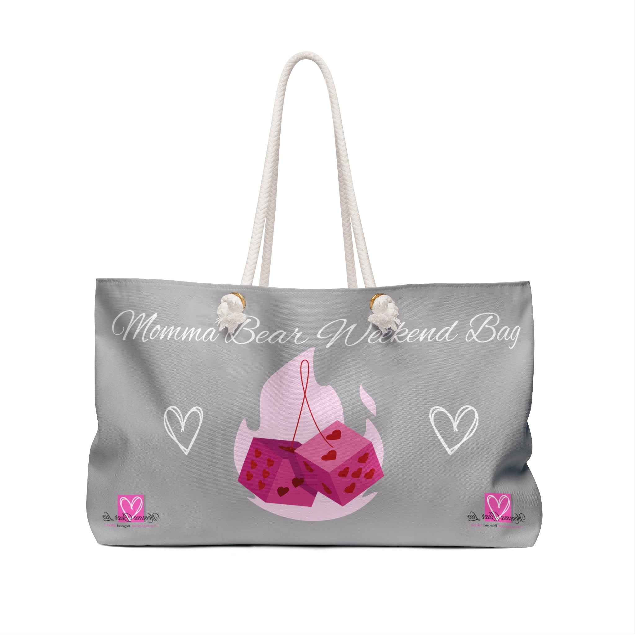 Gray tote bag with pink graphics and text on a white background