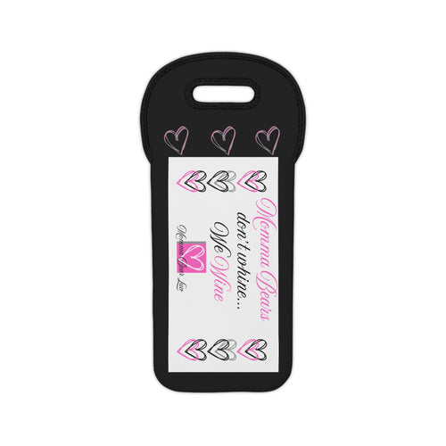 Black wine bag with white label featuring text and pink hearts on a white background