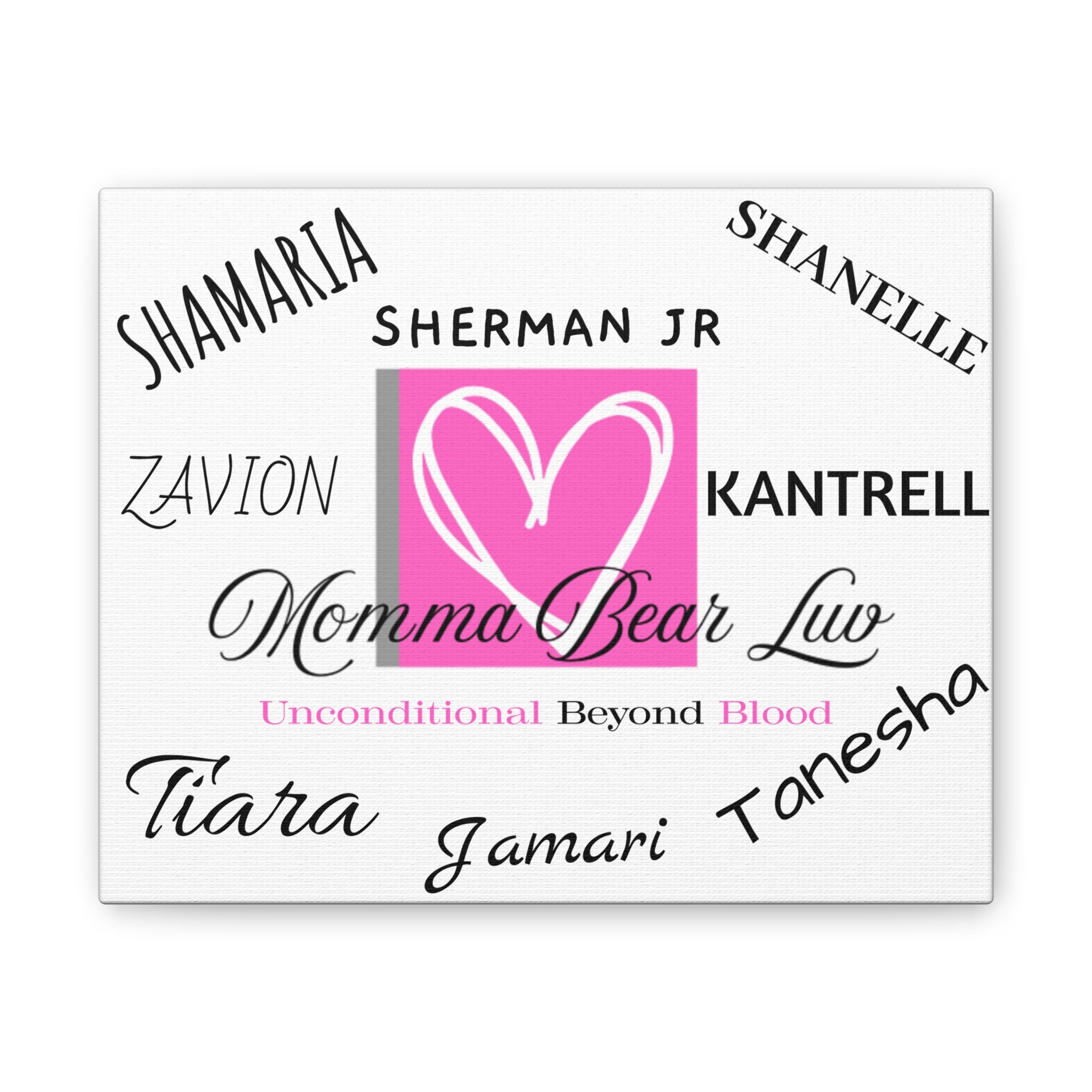Family name canvas that lists up to 8 family names. Great gift for Moms and Grandma's on birthdays and Mother's Day celebrations.   White background makes this canvas easily adaptable to compliment any wall or room. 