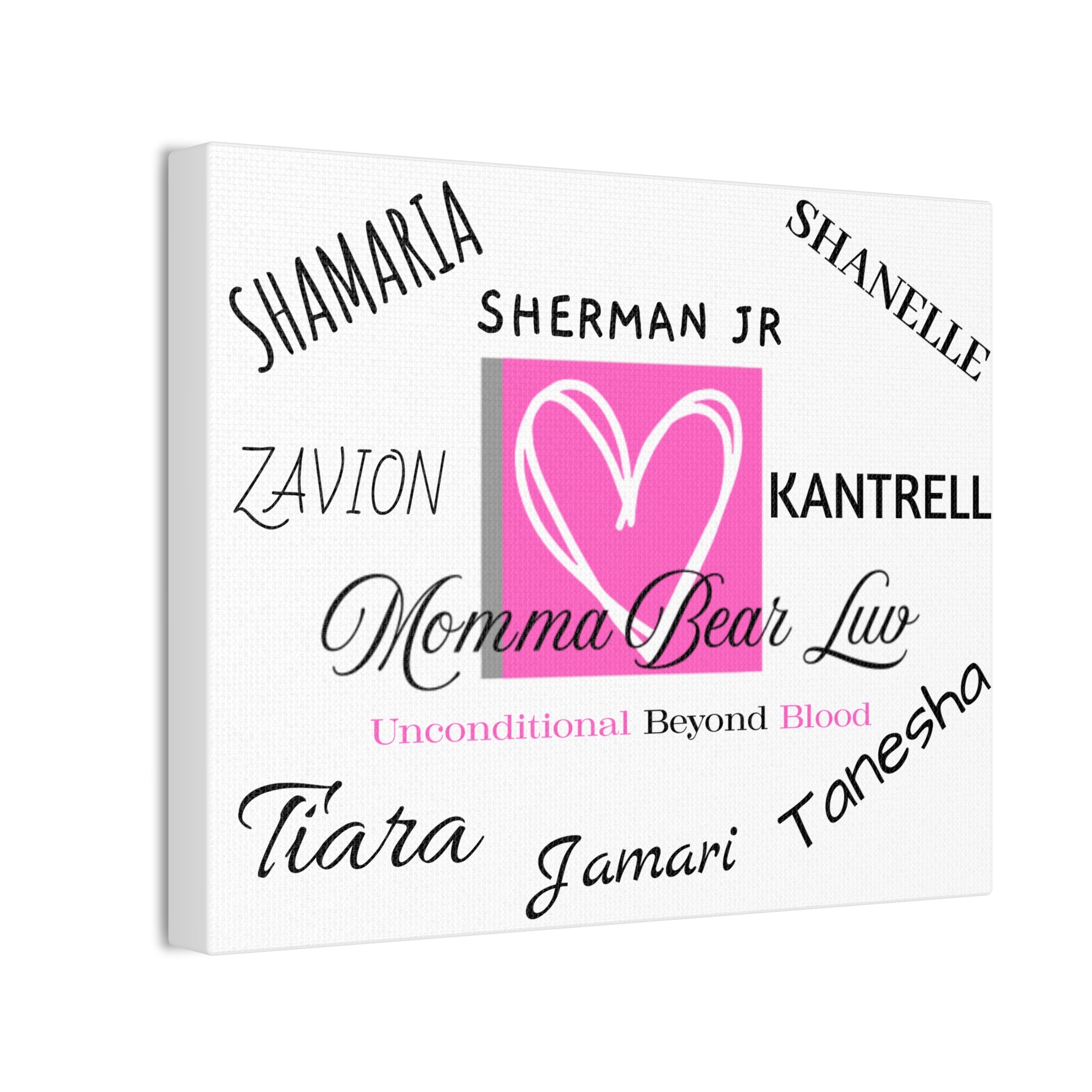 Family name canvas that lists up to 8 family names. Great gift for Moms and Grandma's on birthdays and Mother's Day celebrations.   White background makes this canvas easily adaptable to compliment any wall or room. 