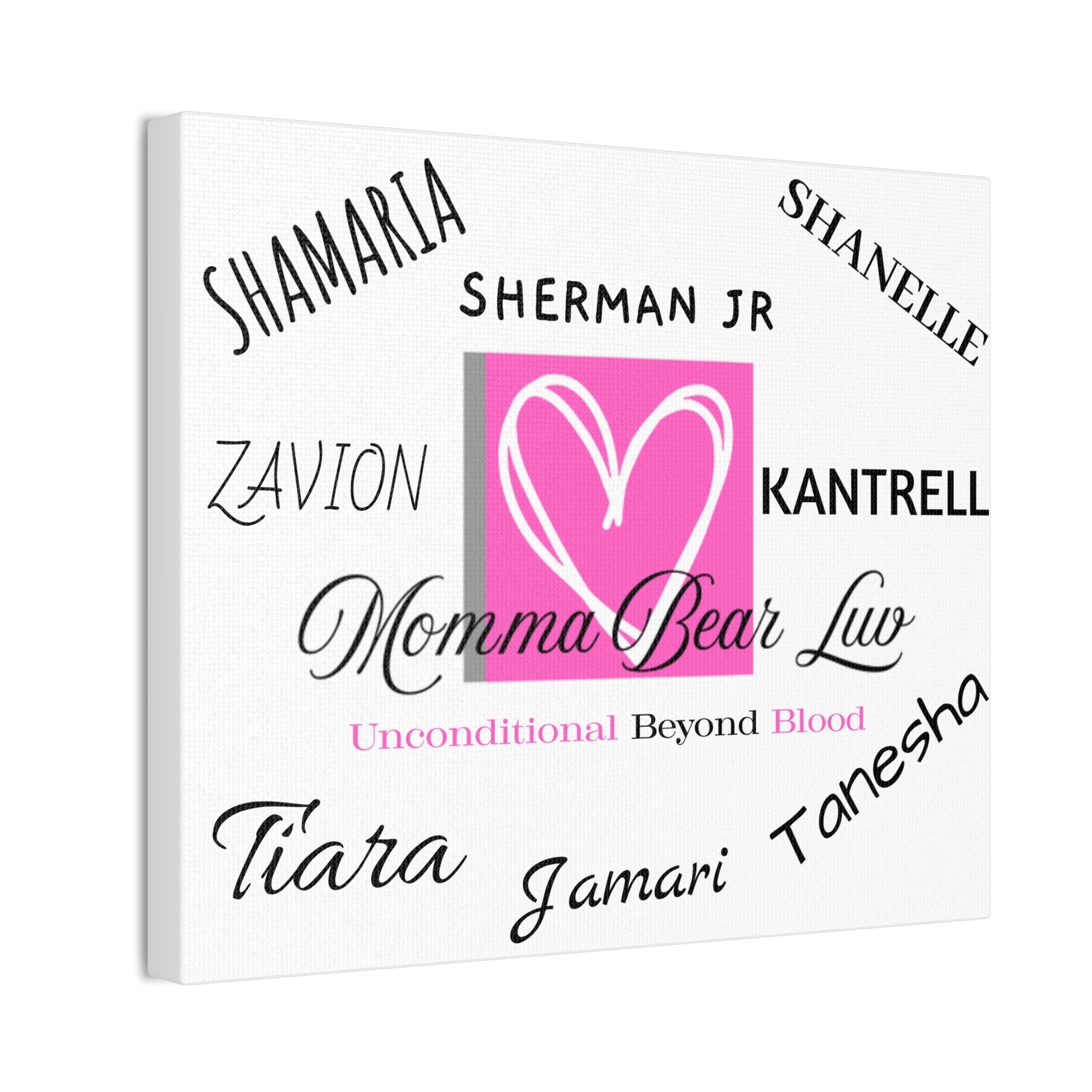 Family name canvas that lists up to 8 family names. Great gift for Moms and Grandma's on birthdays and Mother's Day celebrations.   White background makes this canvas easily adaptable to compliment any wall or room. 