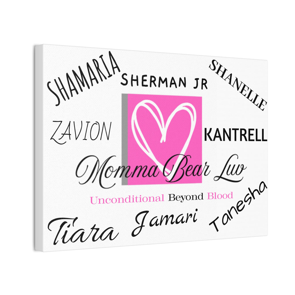 Family name canvas that lists up to 8 family names. Great gift for Moms and Grandma's on birthdays and Mother's Day celebrations.   White background makes this canvas easily adaptable to compliment any wall or room. 