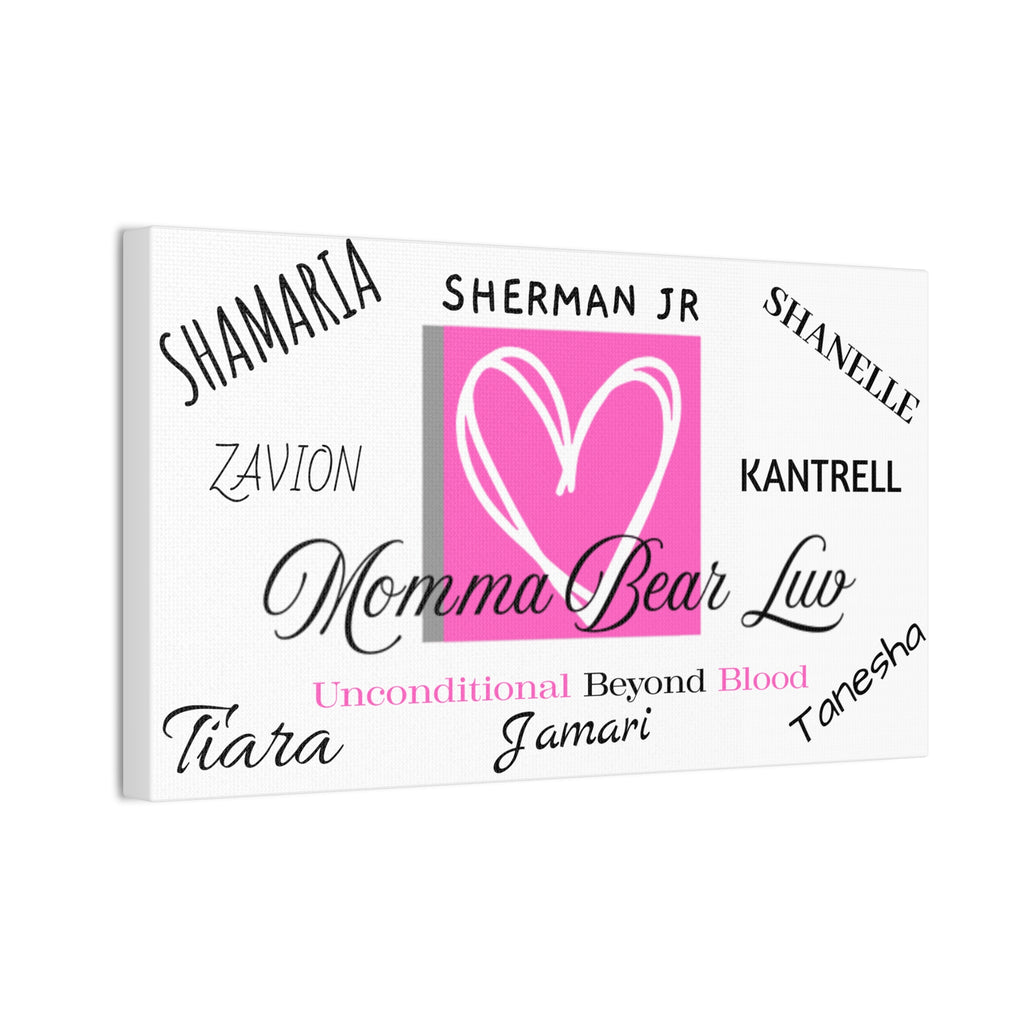 Family name canvas that lists up to 8 family names. Great gift for Moms and Grandma's on birthdays and Mother's Day celebrations.   White background makes this canvas easily adaptable to compliment any wall or room. 