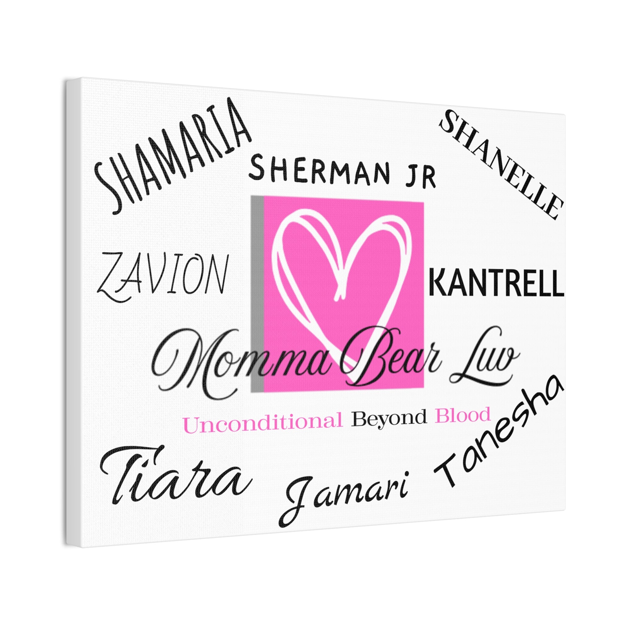 Family name canvas that lists up to 8 family names. Great gift for Moms and Grandma's on birthdays and Mother's Day celebrations.   White background makes this canvas easily adaptable to compliment any wall or room. 
