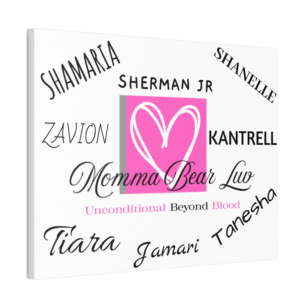 Family name canvas that lists up to 8 family names. Great gift for Moms and Grandma's on birthdays and Mother's Day celebrations.   White background makes this canvas easily adaptable to compliment any wall or room. 