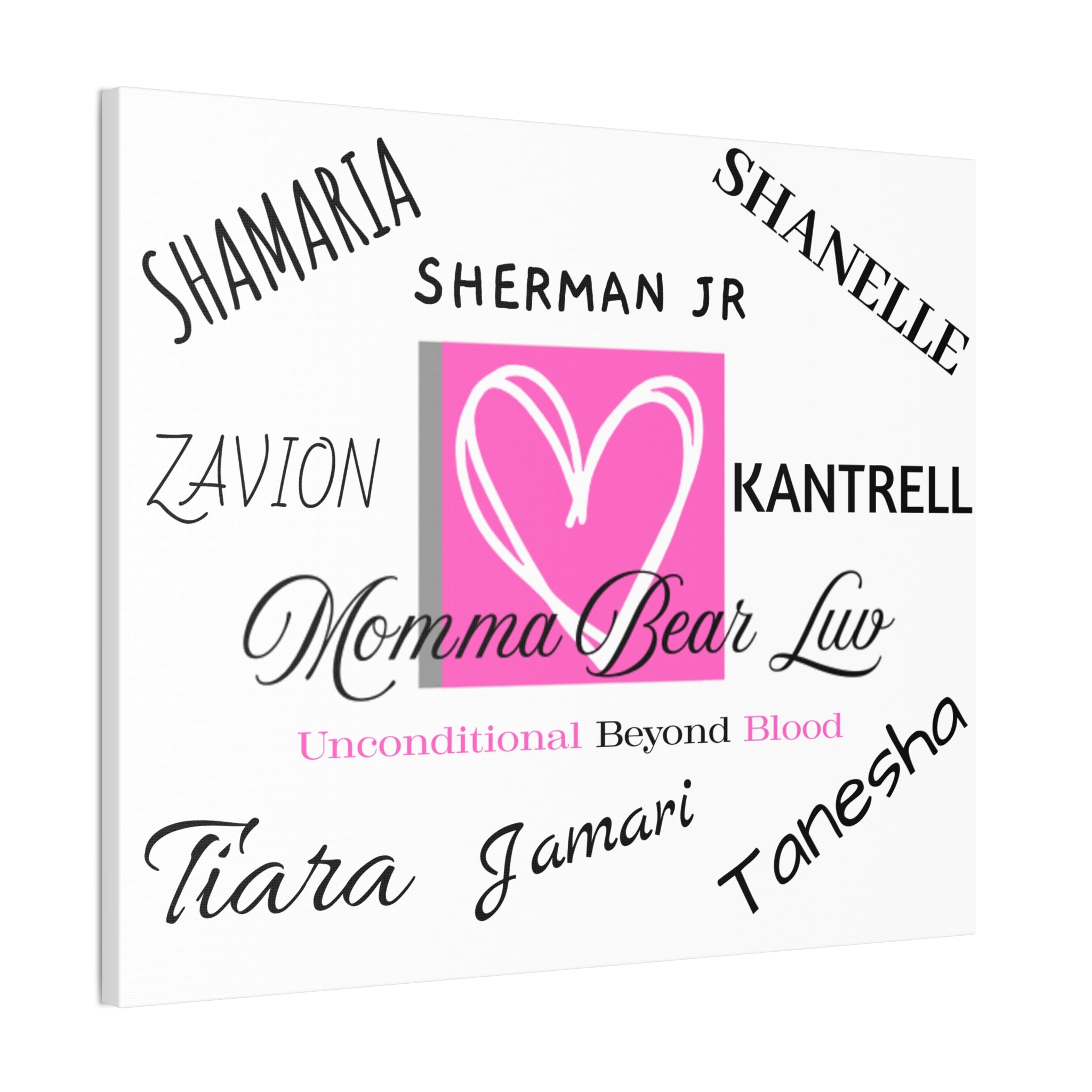 Family name canvas that lists up to 8 family names. Great gift for Moms and Grandma's on birthdays and Mother's Day celebrations.   White background makes this canvas easily adaptable to compliment any wall or room. 
