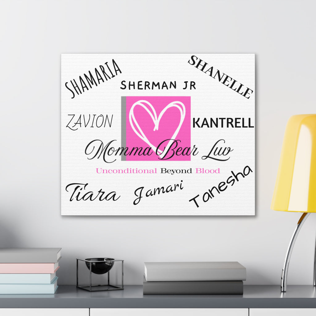 Family name canvas that lists up to 8 family names. Great gift for Moms and Grandma's on birthdays and Mother's Day celebrations.   White background makes this canvas easily adaptable to compliment any wall or room. 