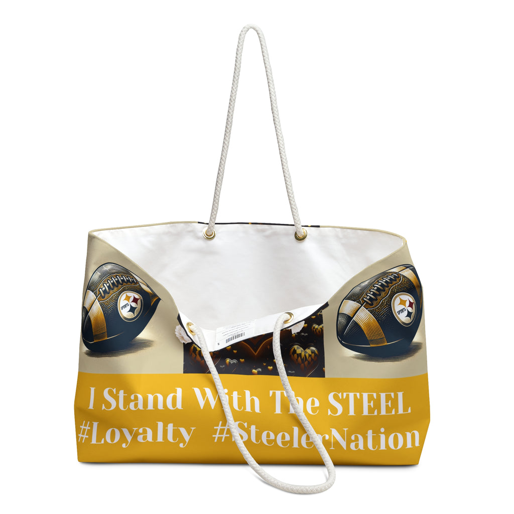 Tote bag with football design and text on a white background
