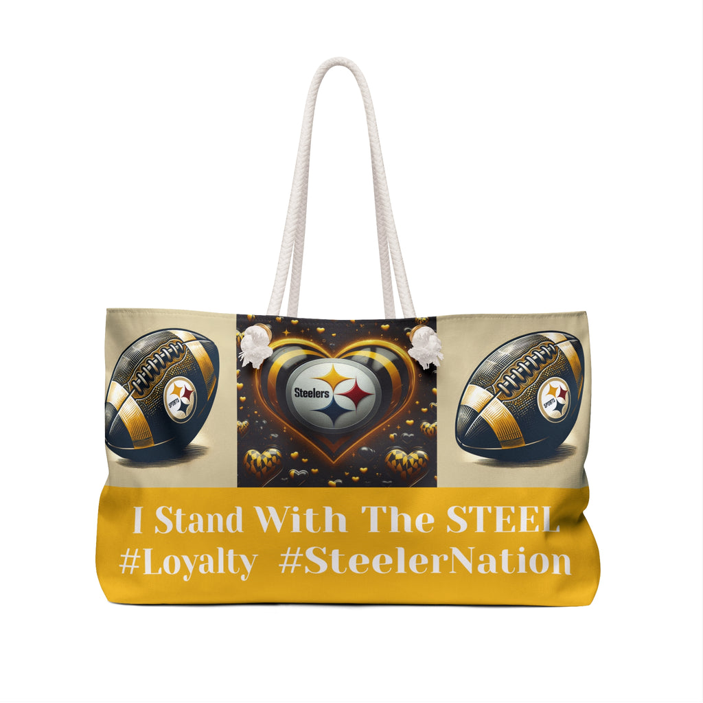 Tote bag with Pittsburgh Steelers logo and text on a white background