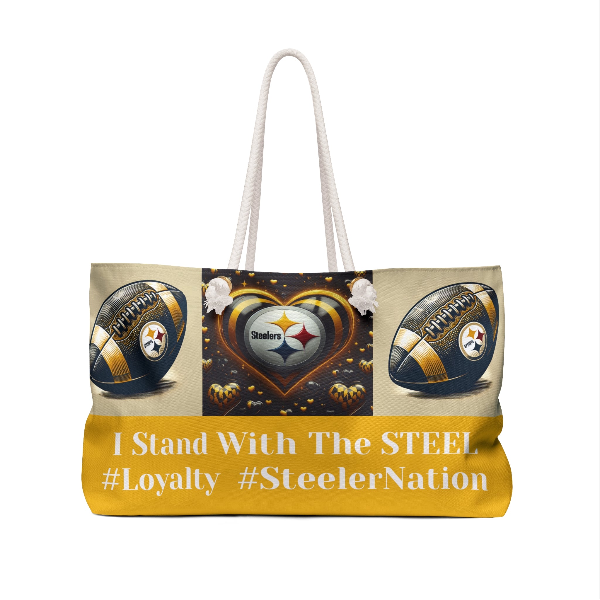 Tote bag with Pittsburgh Steelers logo and text on a white background